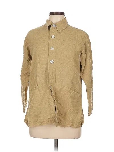 Pre-owned Chico's Design 3/4 Sleeve Silk Top Tan Collared Neckline Tops In Brown