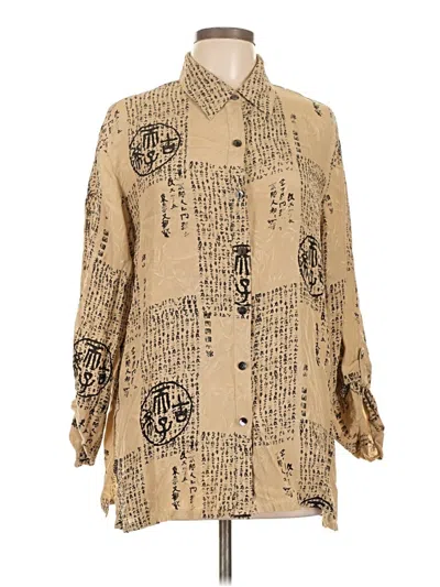 Pre-owned Chico's Design 3/4 Sleeve Silk Top Tan Print Pattern Collared Neckline Tops In Brown