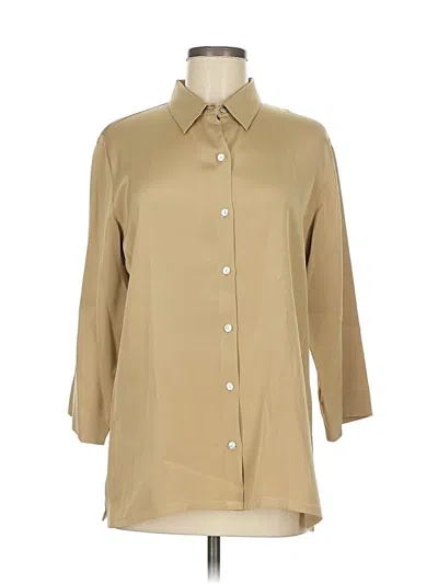 Pre-owned Chico's Design 3/4 Sleeve Silk Top Tan Solid Pattern Mock Neckline Tops In Brown