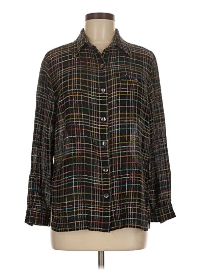 Pre-owned Chico's Design Long Sleeve Silk Top Black Tweed Pattern Square Neckline Tops