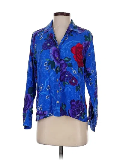 Pre-owned Chico's Design Long Sleeve Silk Top Blue Floral Pattern Plunge Neckline Tops