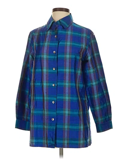 Pre-owned Chico's Design Long Sleeve Silk Top Blue Plaid Pattern Square Neckline Tops