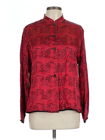 Pre-owned Chico's Design Long Sleeve Silk Top Red Print Pattern Collared Neckline Tops