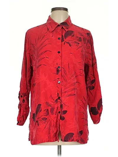 Pre-owned Chico's Design Long Sleeve Silk Top Red Print Pattern Mock Neckline Tops