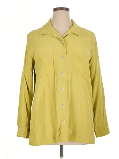Pre-owned Chico's Design Long Sleeve Silk Top Yellow Solid Pattern Collared Neckline Tops