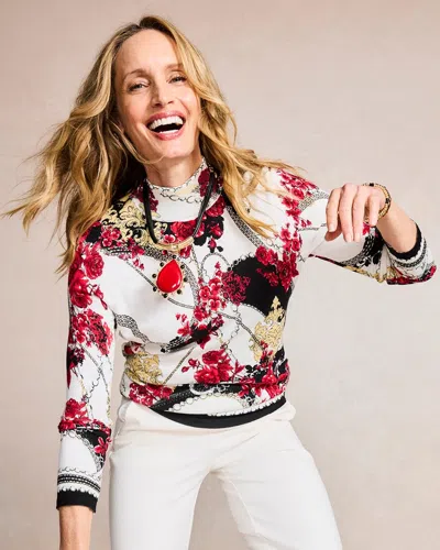 Chico's Ella Abstract Rose Long-sleeve Sweater In Soft Ivory In White