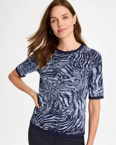 Chico's Ella Animal Short-sleeve Sweater In Blue In Passport Blue