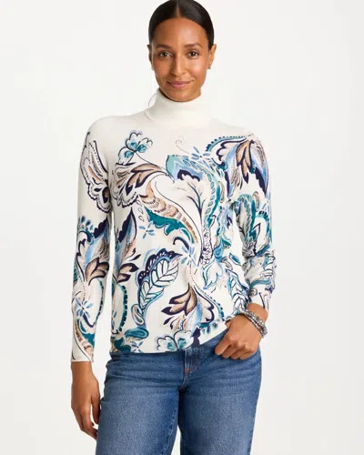 Chico's Ella Artisanal Floral Turtleneck Sweater In Cream In Blue