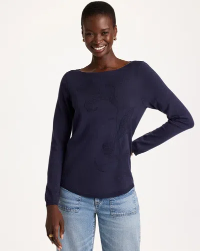 Chico's Ella Bateau Jacquard Pullover Sweater In Blue In Passport Blue