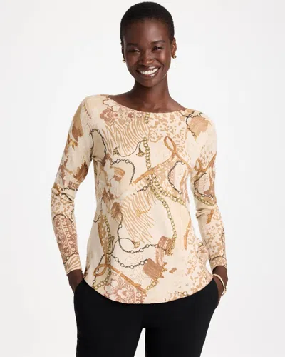 Chico's Ella Bateau Neutral Print Pullover Sweater In Toffee Tan