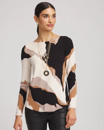 Chico's Ella Boatneck Intarsia Pullover Sweater In Black In Multi