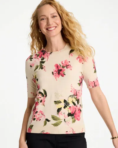 Chico's Ella Crewneck Floral Pullover Sweater In Hot Honeysuckle In White