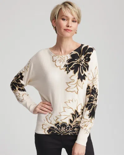 Chico's Ella Dolman Artisinal Pullover Sweater In Black In White