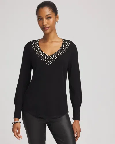 Chico's Ella Embellished V-neck Sweater In Black