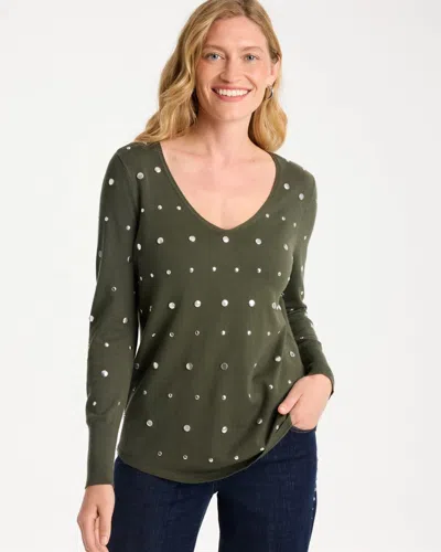 Chico's Ella Embellished V-neck Pullover Sweater In Mossy Grove