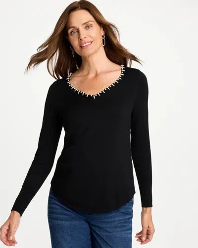 Chico's Ella Embellished V-neck Sweater In Black