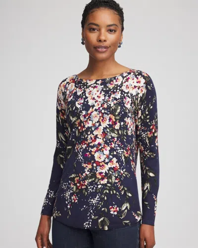 Chico's Ella Floral Ribbed-bateau Pullover Sweater In Blue