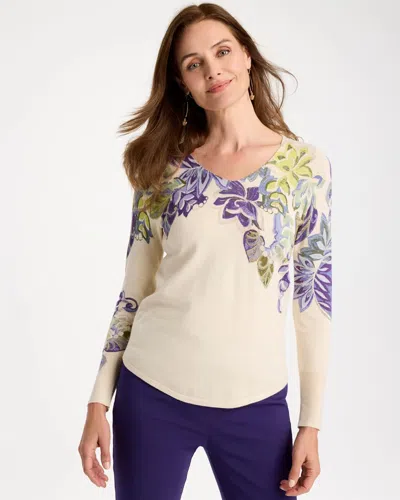 Chico's Ella Garden Print Long-sleeve Pullover Sweater In Lavender Haze