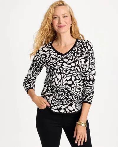 Chico's Ella Jacquard Metallic V-neck Pullover Sweater In Black