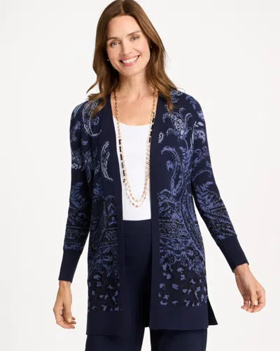Chico's Ella Jacquard Open-front Cardigan Sweater In Blue In Passport Blue