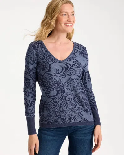 Chico's Ella Jacquard V-neck Pullover Sweater In Bluebell