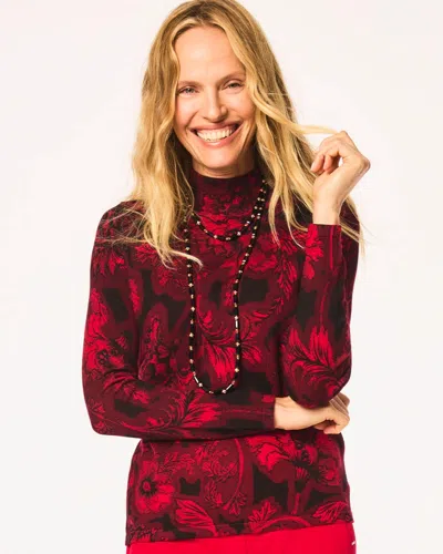 Chico's Ella Printed Mockneck Sweater In Carmine Red In Multi