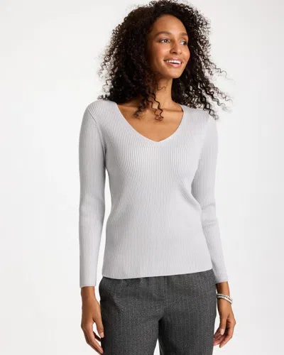 Chico's Ella Ribbed V-neck Pullover Sweater In Denim In Dove Gray
