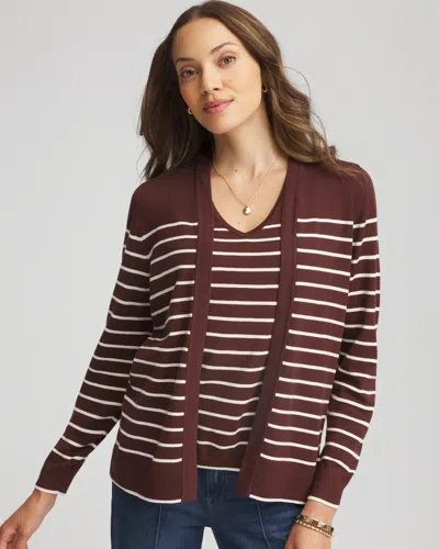 Chico's Ella Striped Long-sleeve Cardigan Sweater In Cacao In Brown
