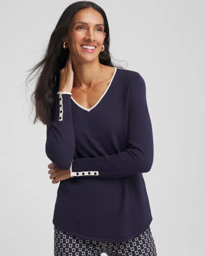 Chico's Ella Tipped V-neck Pullover Sweater In Blue