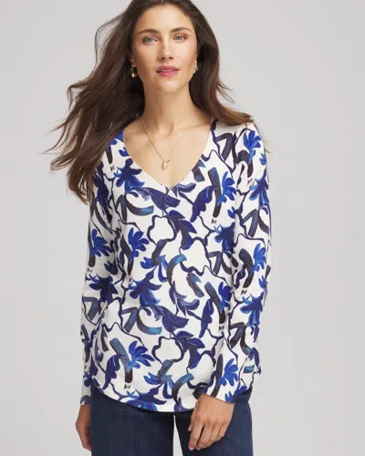 Chico's Ella V-neck Blue-petals Pullover Sweater In White