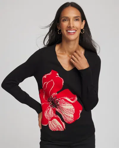 Chico's Ella V-neck Floral Intarsia Sweater In Black In Multi