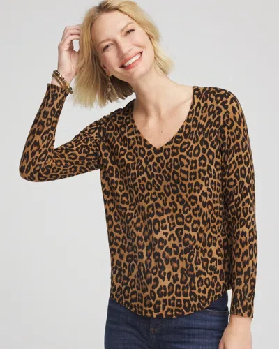Chico's Ella V-neck Printed Pullover Sweater In Tan In Brown
