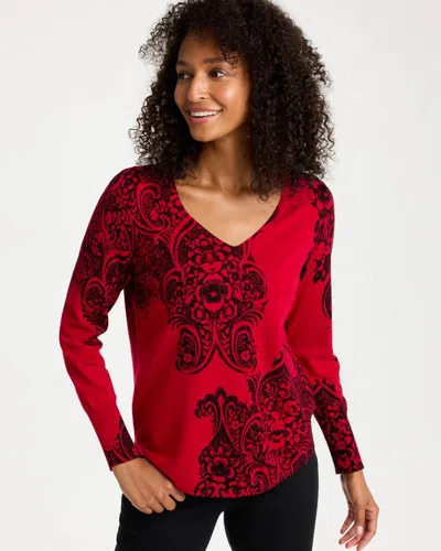 Chico's Ella V-neck Printed Pullover Sweater In Carmine Red