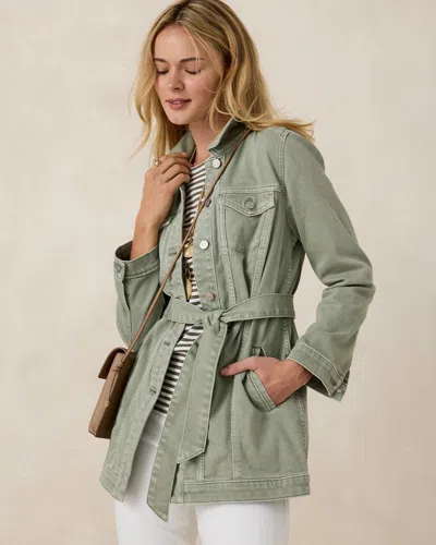 Chico's Elongated Belted Denim Jacket In Seagrass Green