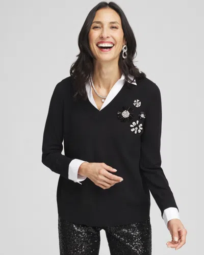 Chico's Embellished Built-in Shirt Knit Sweater In Black Size 20/22 |
