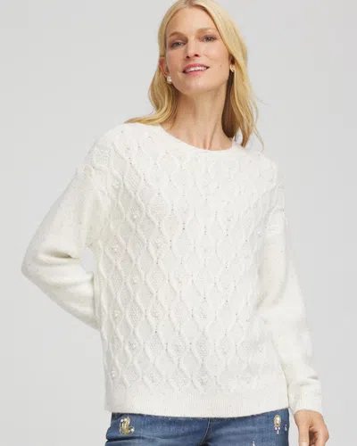 Chico's Embellished Cable Knit Sweater In Cream In White