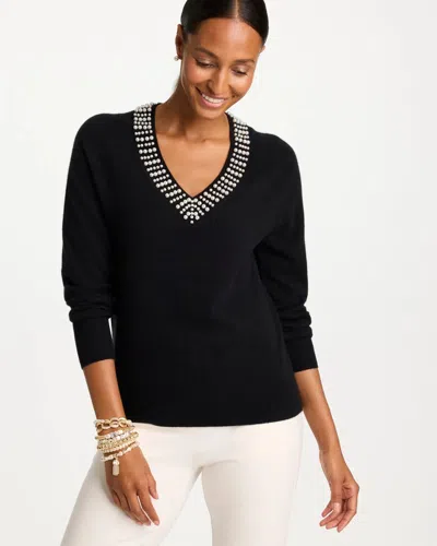 Chico's Embellished Cashmere V-neck Long Sleeve Sweater In Black