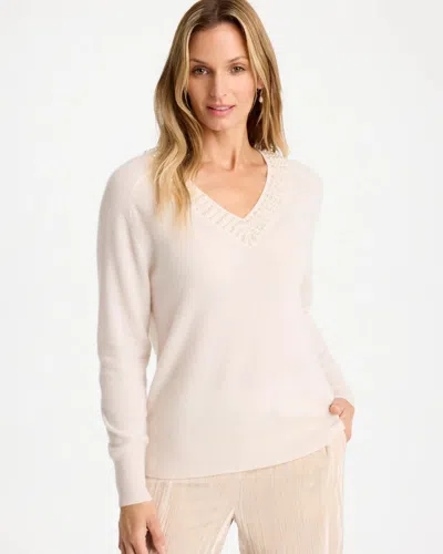 Chico's Embellished Cashmere V-neck Long Sleeve Sweater In Cream In White
