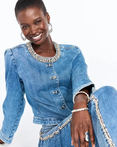 Chico's Embellished Collarless Denim Jacket In Evelyn Indigo