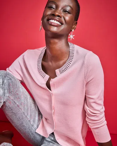 Chico's Embellished Crewneck Cardigan Sweater In Blushed