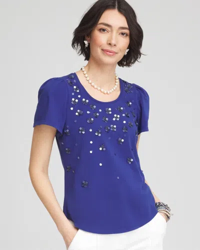 Chico's Embellished Flutter Sleeve Tee In Blue Size 20/22 |