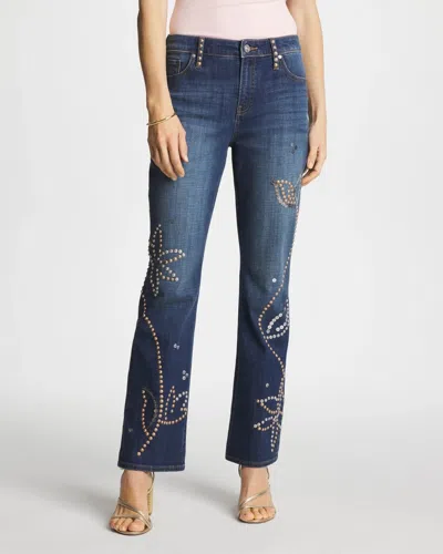 Chico's Embellished Girlfriend Cropped Flared Jeans In Spellbound Indigo In Blue