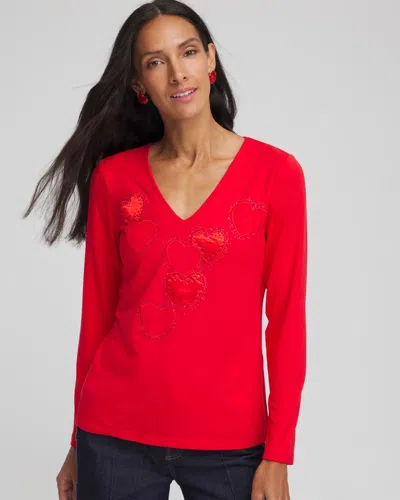 Chico's Embellished Heart V-neck Tee In In Red