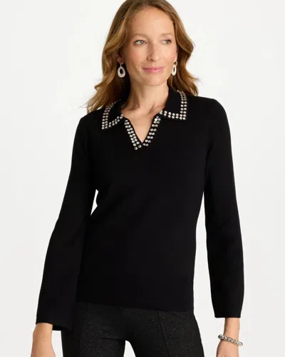 Chico's Embellished Johnny Collar Sweater In Black