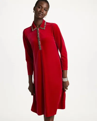 Chico's Embellished Knit Velour Swing Dress In Enamel Red