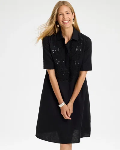 Chico's Embellished Linen Popover Dress In Black In Multi