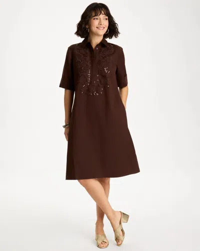 Chico's Embellished Linen Popover Dress In Deep Brown