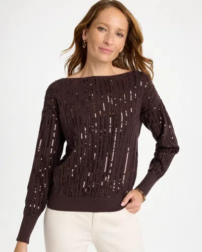 Chico's Embellished Long Sleeve Sweater In Bitter Chocolate