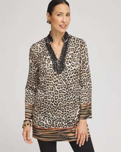 Chico's Embellished Mixed Animal Print Kurta Top In Black Size 12 |