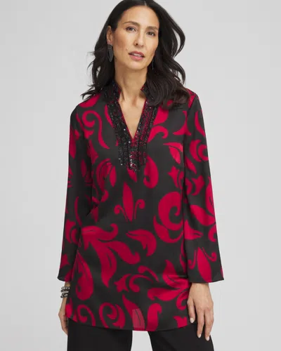 Chico's Embellished Neck Kurta Top In Size 14 |  In Red Allure